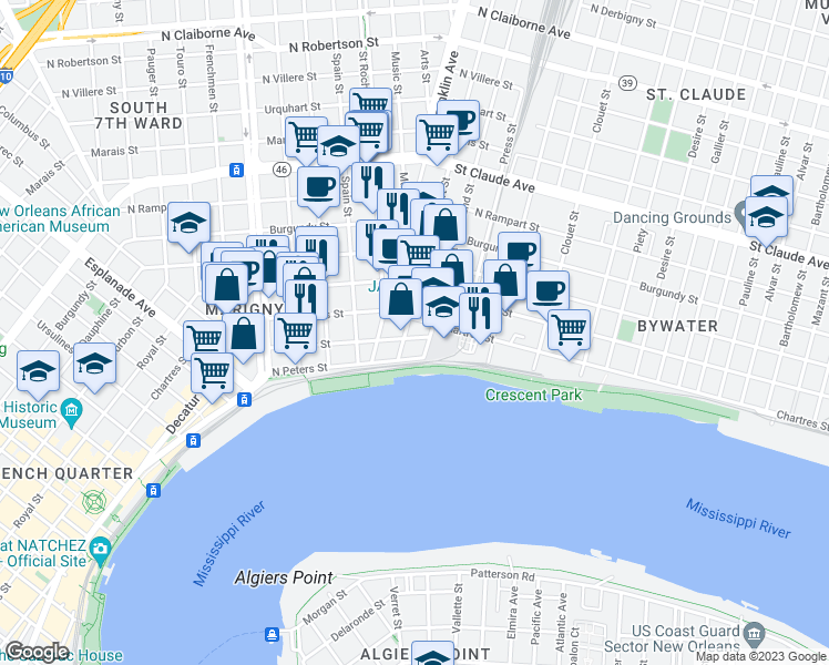 map of restaurants, bars, coffee shops, grocery stores, and more near 2700 North Peters Street in New Orleans