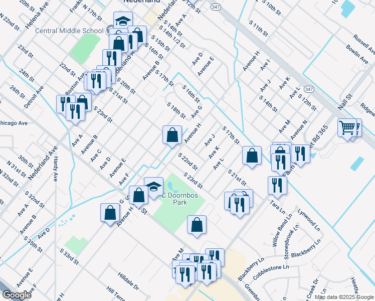 map of restaurants, bars, coffee shops, grocery stores, and more near 919 South 22nd Street in Nederland