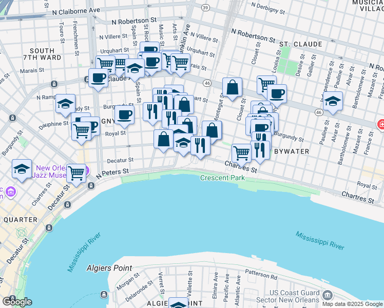 map of restaurants, bars, coffee shops, grocery stores, and more near Chartres Street in New Orleans