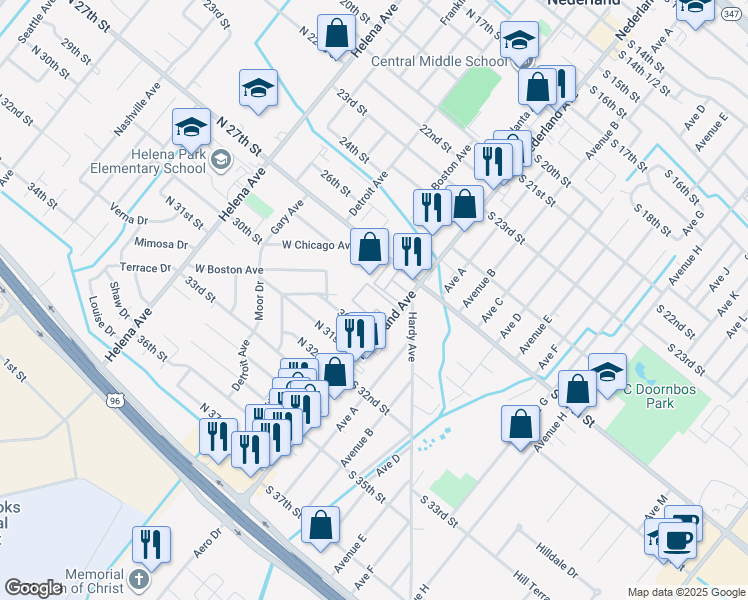 map of restaurants, bars, coffee shops, grocery stores, and more near 2900 Nederland Avenue in Nederland