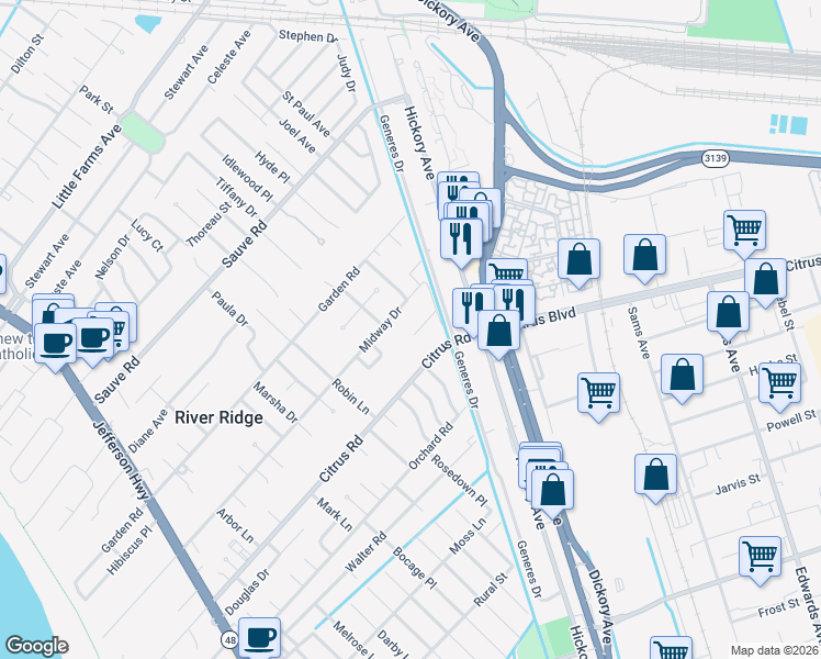 map of restaurants, bars, coffee shops, grocery stores, and more near 296 Silver Oak Lane in River Ridge