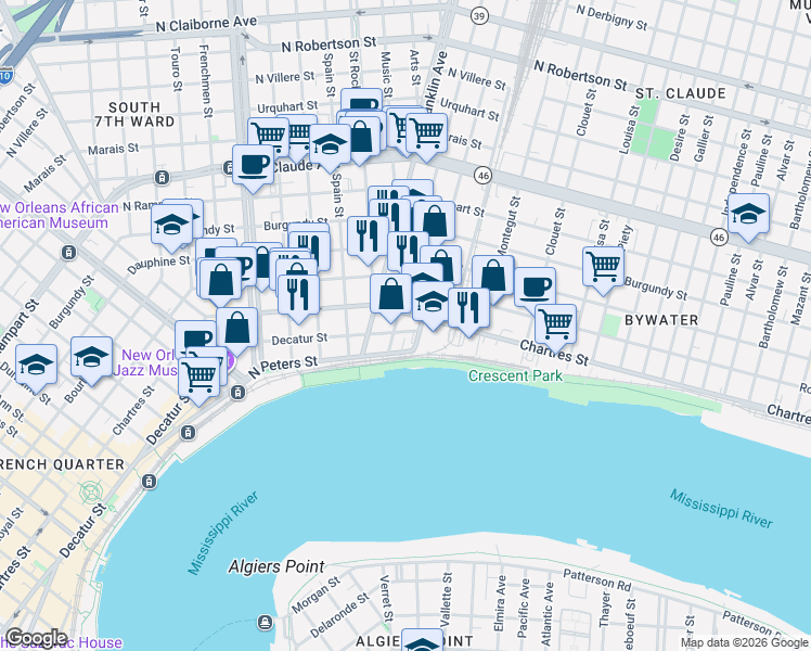 map of restaurants, bars, coffee shops, grocery stores, and more near 2700 North Peters Street in New Orleans