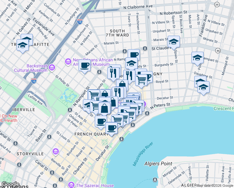 map of restaurants, bars, coffee shops, grocery stores, and more near 721 Governor Nicholls Street in New Orleans