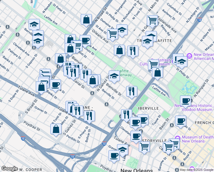 map of restaurants, bars, coffee shops, grocery stores, and more near 2112 Iberville Street in New Orleans
