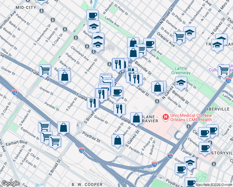 map of restaurants, bars, coffee shops, grocery stores, and more near 2617 Banks Street in New Orleans