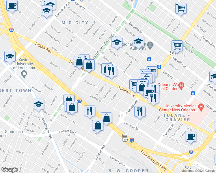 map of restaurants, bars, coffee shops, grocery stores, and more near 2913 Gravier Street in New Orleans