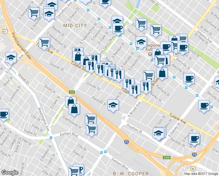 map of restaurants, bars, coffee shops, grocery stores, and more near 3024 Gravier Street in New Orleans