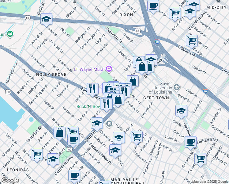 map of restaurants, bars, coffee shops, grocery stores, and more near 8229 Earhart Boulevard in New Orleans