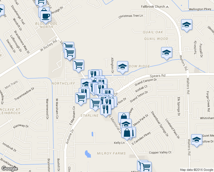 map of restaurants, bars, coffee shops, grocery stores, and more near 12355 Antoine Drive in Houston
