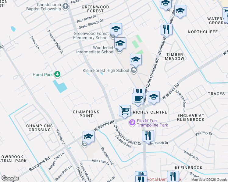 map of restaurants, bars, coffee shops, grocery stores, and more near 11706 Keswick Pines Lane in Houston