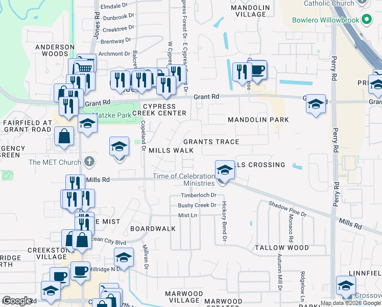 map of restaurants, bars, coffee shops, grocery stores, and more near 12902 Willow View Court in Houston