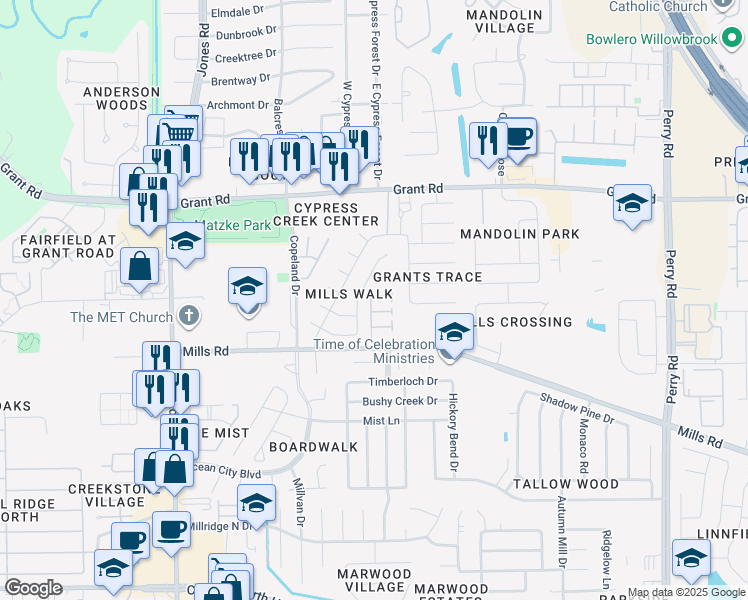 map of restaurants, bars, coffee shops, grocery stores, and more near 12918 Mills Bend Street in Houston
