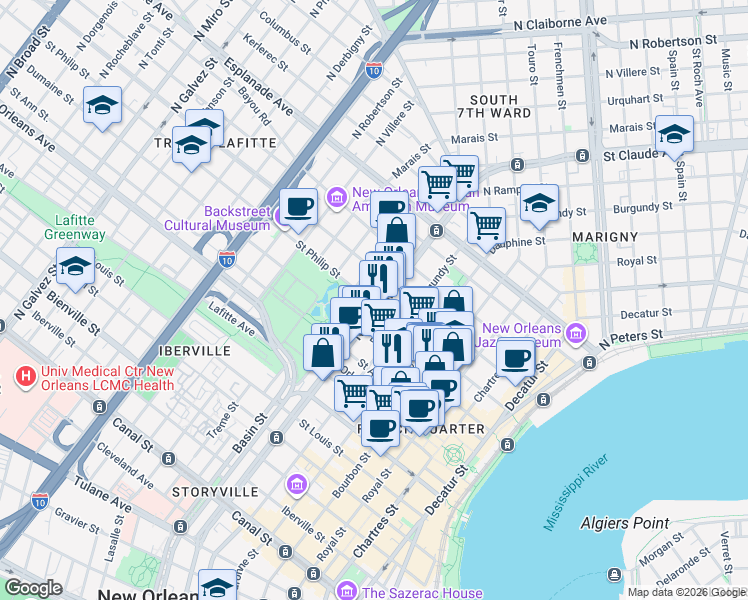 map of restaurants, bars, coffee shops, grocery stores, and more near 1001 North Rampart Street in New Orleans