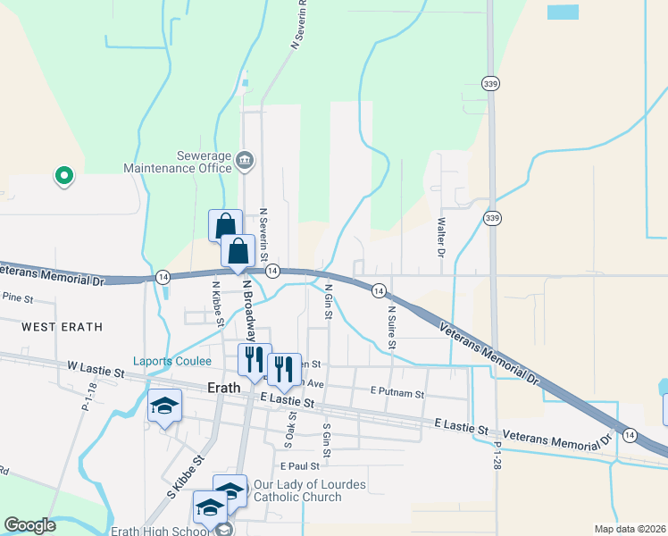 map of restaurants, bars, coffee shops, grocery stores, and more near N Gin St in Erath