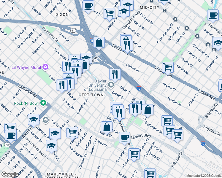 map of restaurants, bars, coffee shops, grocery stores, and more near 1 Drexel Drive in New Orleans