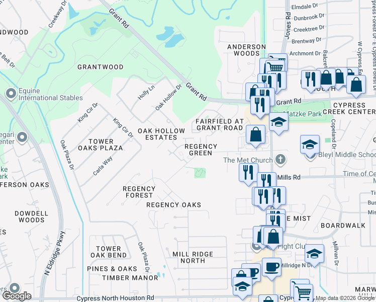 map of restaurants, bars, coffee shops, grocery stores, and more near 11355 Regency Green Drive in Cypress