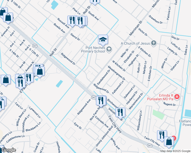 map of restaurants, bars, coffee shops, grocery stores, and more near 20 Audubon Place in Port Neches