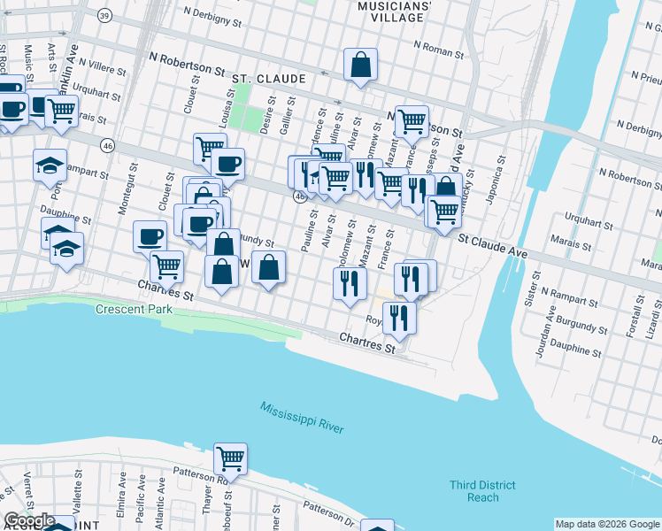 map of restaurants, bars, coffee shops, grocery stores, and more near 924 Bartholomew Street in New Orleans