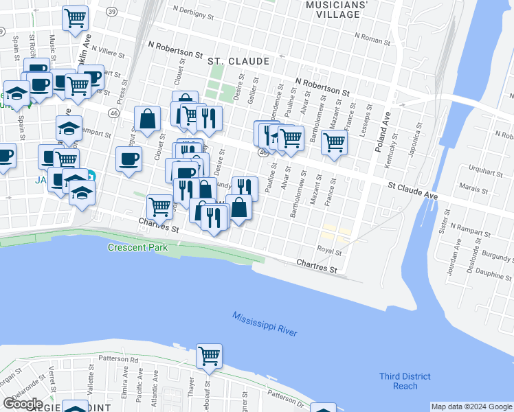 map of restaurants, bars, coffee shops, grocery stores, and more near 3614 Burgundy Street in New Orleans