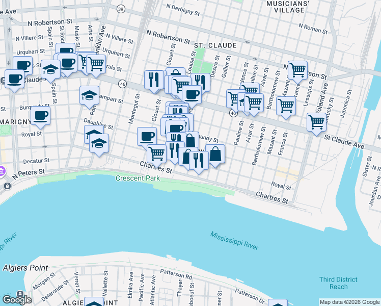 map of restaurants, bars, coffee shops, grocery stores, and more near 3319 Dauphine Street in New Orleans