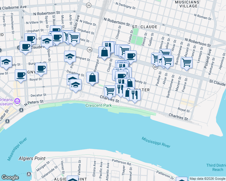map of restaurants, bars, coffee shops, grocery stores, and more near 3162 Dauphine Street in New Orleans