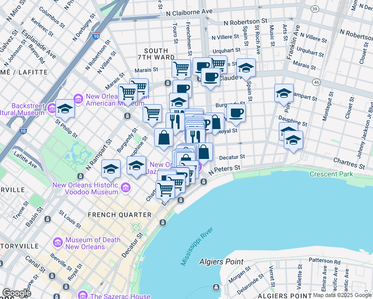 map of restaurants, bars, coffee shops, grocery stores, and more near 1427 Chartres Street in New Orleans