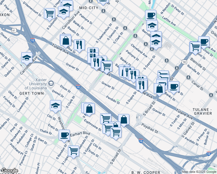 map of restaurants, bars, coffee shops, grocery stores, and more near 3228 Gravier Street in New Orleans