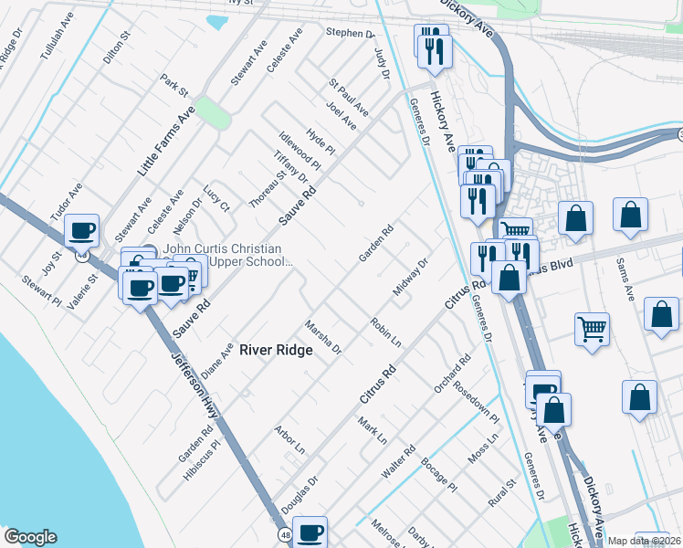 map of restaurants, bars, coffee shops, grocery stores, and more near 8 Kinder Lane in River Ridge