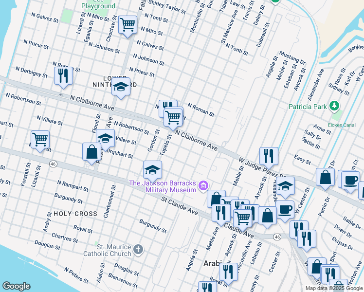 map of restaurants, bars, coffee shops, grocery stores, and more near 1507 Saint Maurice Avenue in New Orleans