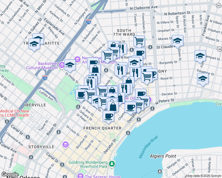 map of restaurants, bars, coffee shops, grocery stores, and more near 1219 Dauphine Street in New Orleans