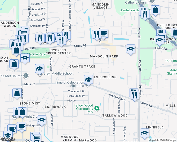 map of restaurants, bars, coffee shops, grocery stores, and more near 10406 Iris Lake Court in Houston