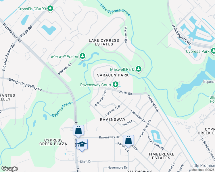 map of restaurants, bars, coffee shops, grocery stores, and more near 13522 Raven Hill Drive in Cypress