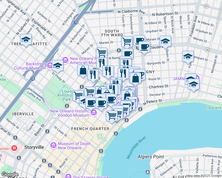 map of restaurants, bars, coffee shops, grocery stores, and more near Bourbon St & Barracks St in New Orleans