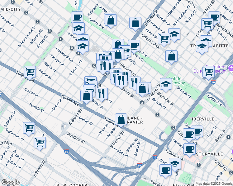 map of restaurants, bars, coffee shops, grocery stores, and more near 2518 Canal Street in New Orleans