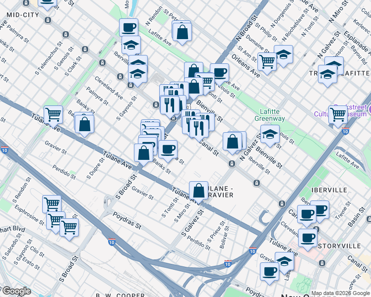 map of restaurants, bars, coffee shops, grocery stores, and more near 2609 Cleveland Avenue in New Orleans