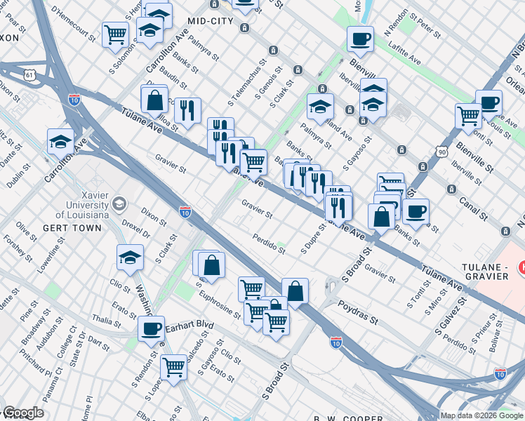 map of restaurants, bars, coffee shops, grocery stores, and more near 3326 Tulane Avenue in New Orleans