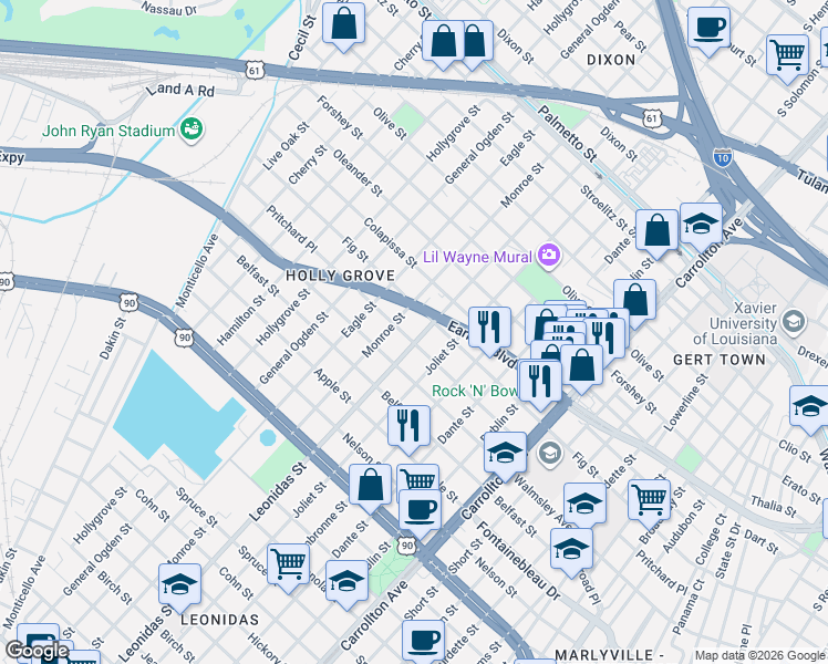map of restaurants, bars, coffee shops, grocery stores, and more near in New Orleans