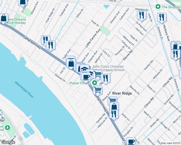 map of restaurants, bars, coffee shops, grocery stores, and more near 10125 Jefferson Highway in River Ridge