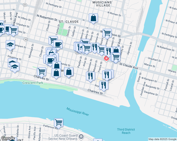 map of restaurants, bars, coffee shops, grocery stores, and more near Burgundy Street in New Orleans