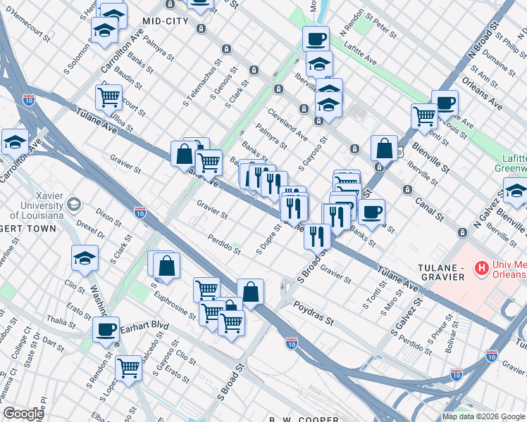 map of restaurants, bars, coffee shops, grocery stores, and more near 3013 Tulane Avenue in New Orleans