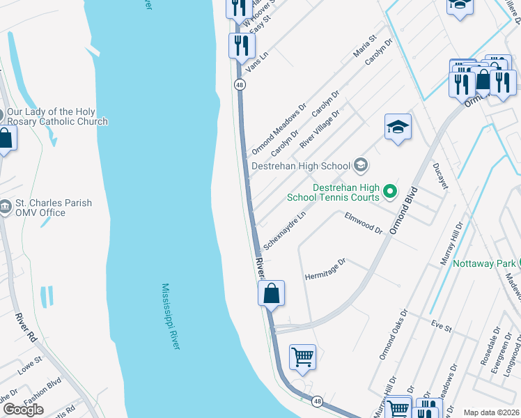 map of restaurants, bars, coffee shops, grocery stores, and more near 14138 River Road in Destrehan