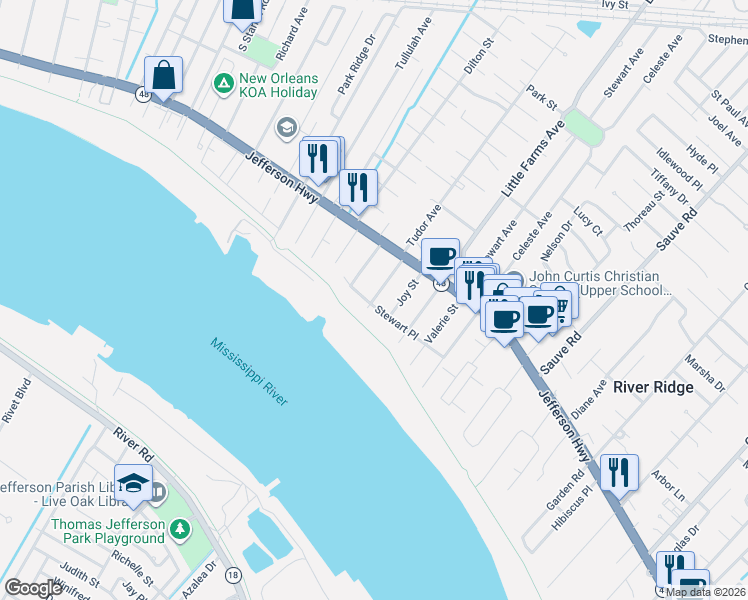 map of restaurants, bars, coffee shops, grocery stores, and more near 121 Caroline Avenue in River Ridge
