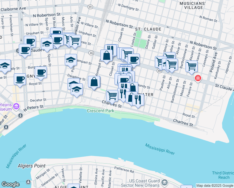 map of restaurants, bars, coffee shops, grocery stores, and more near 3162 Dauphine Street in New Orleans