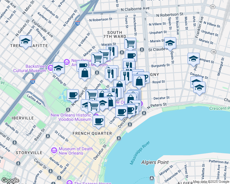 map of restaurants, bars, coffee shops, grocery stores, and more near in New Orleans