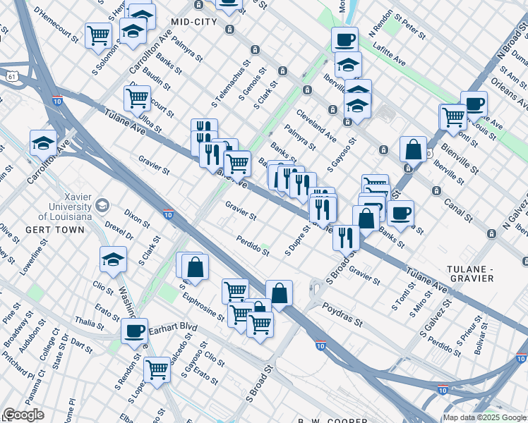 map of restaurants, bars, coffee shops, grocery stores, and more near 3130 Tulane Avenue in New Orleans