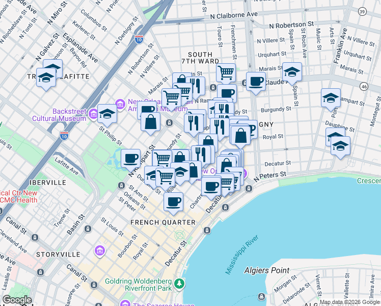 map of restaurants, bars, coffee shops, grocery stores, and more near in New Orleans