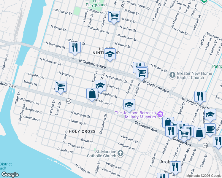 map of restaurants, bars, coffee shops, grocery stores, and more near 5701 North Villere Street in New Orleans