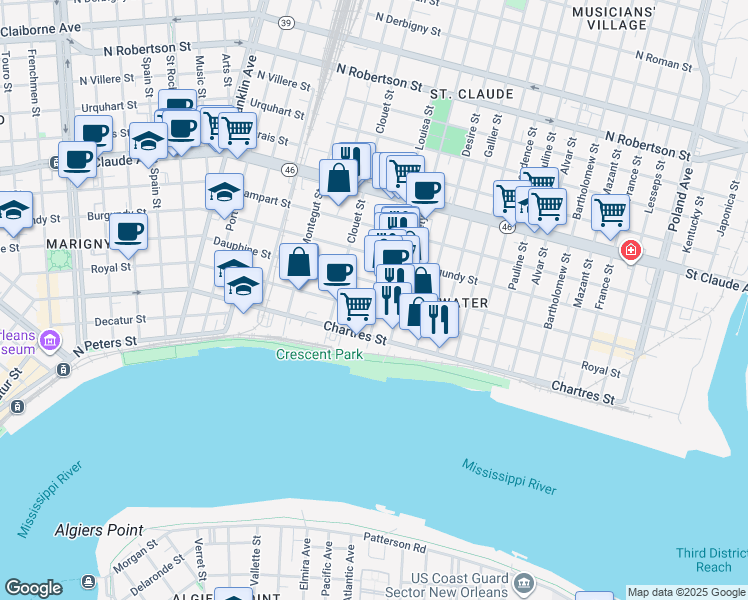 map of restaurants, bars, coffee shops, grocery stores, and more near 3162 Dauphine Street in New Orleans