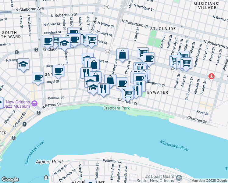 map of restaurants, bars, coffee shops, grocery stores, and more near 3027 Royal Street in New Orleans