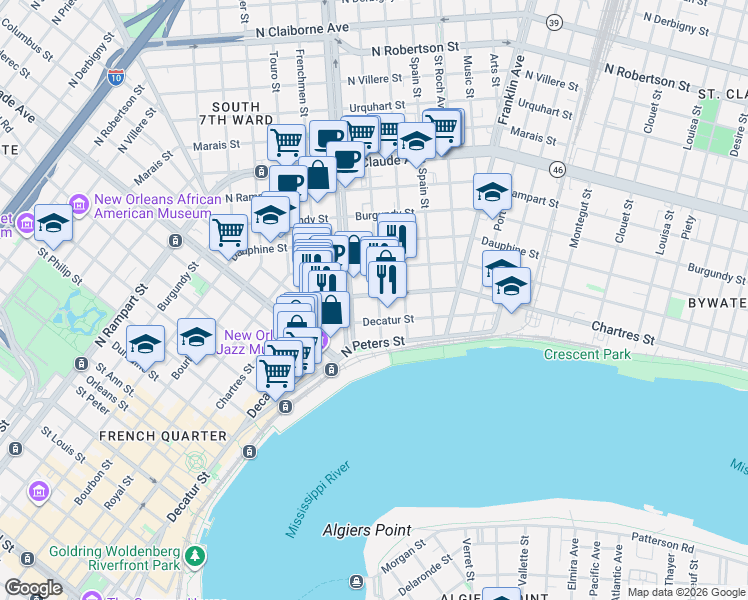 map of restaurants, bars, coffee shops, grocery stores, and more near 610 Marigny Street in New Orleans